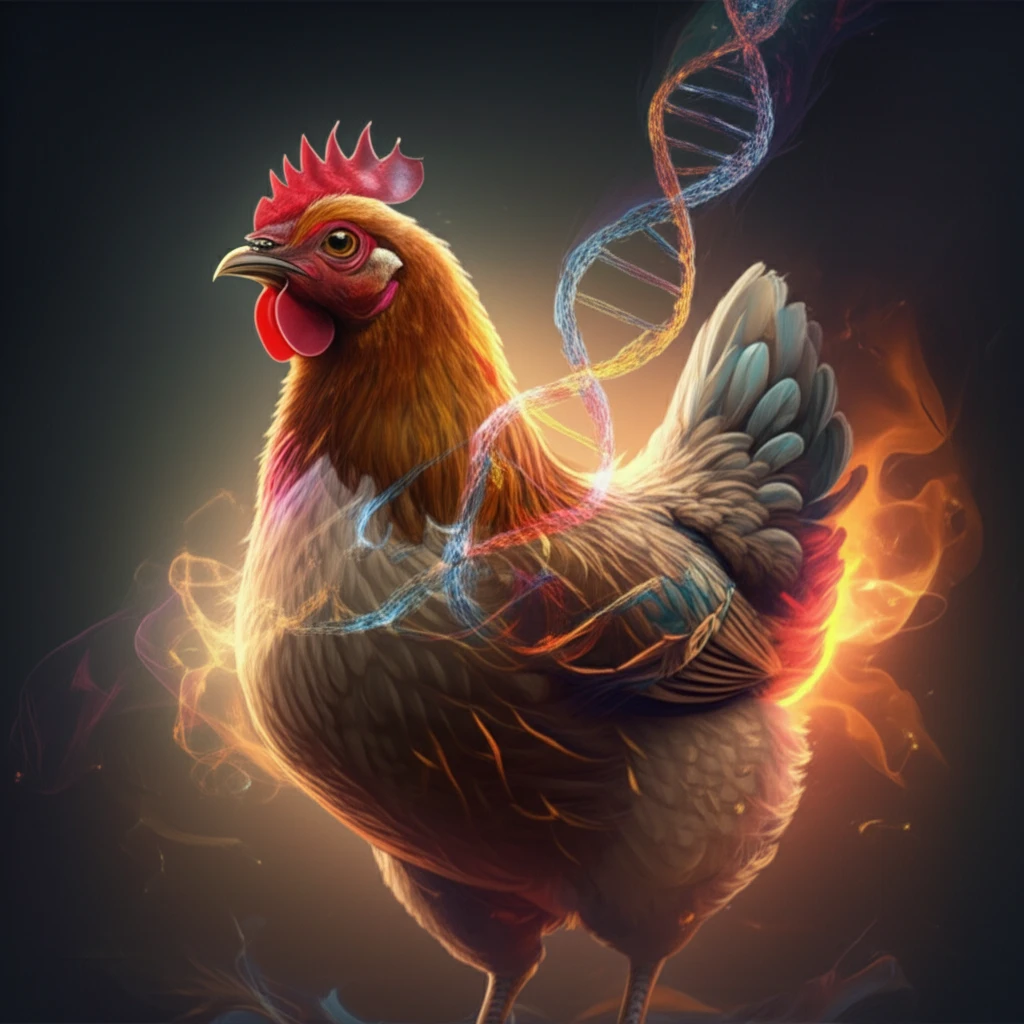 Illustration showing chicken, DNA strands, heat waves. Symbolizing the connection between genetics, heat resistance, and disease resistance.