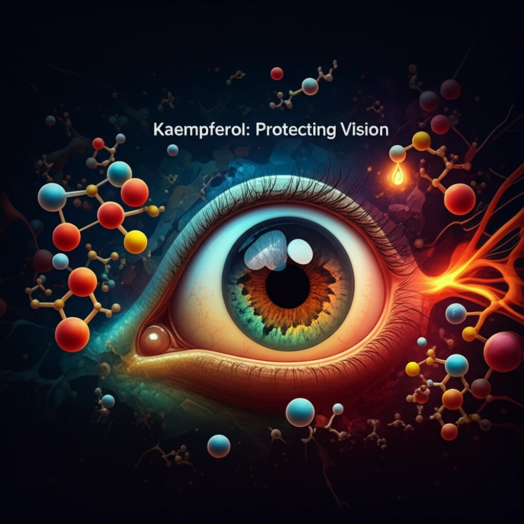 Illustration of an eye, depicting the protective effects of kaempferol in preventing glaucoma and preserving sight.