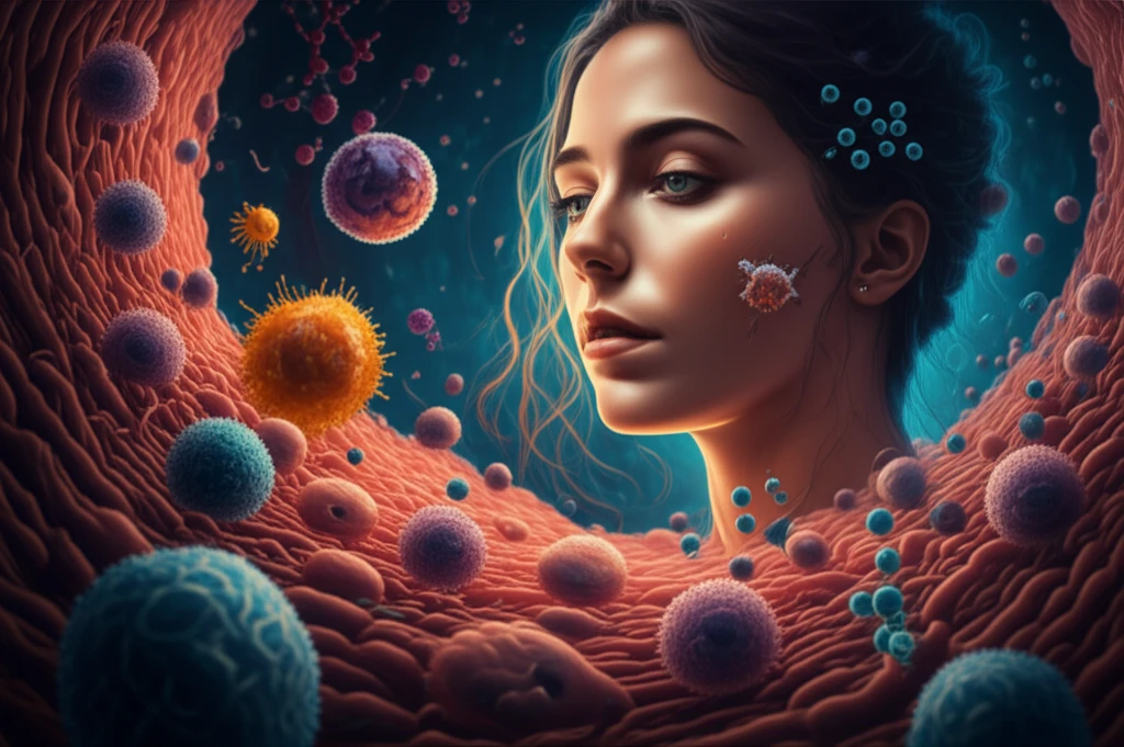 Illustration of cellular changes in the uterine lining during menopause, depicting eMSC and eSF.