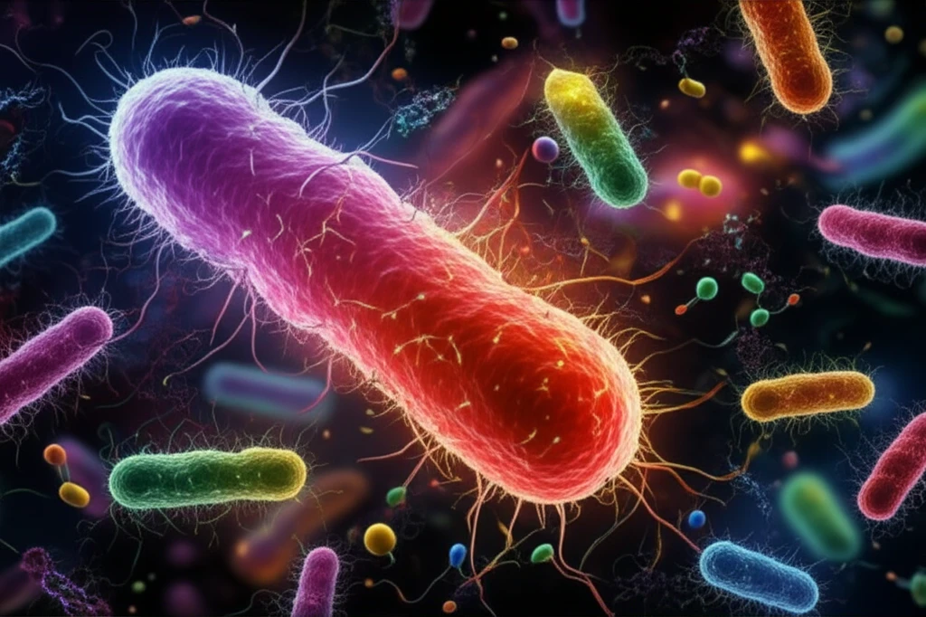 Digital illustration representing the battle against antibiotic resistance, featuring ferulic acid and antibiotics attacking bacteria.