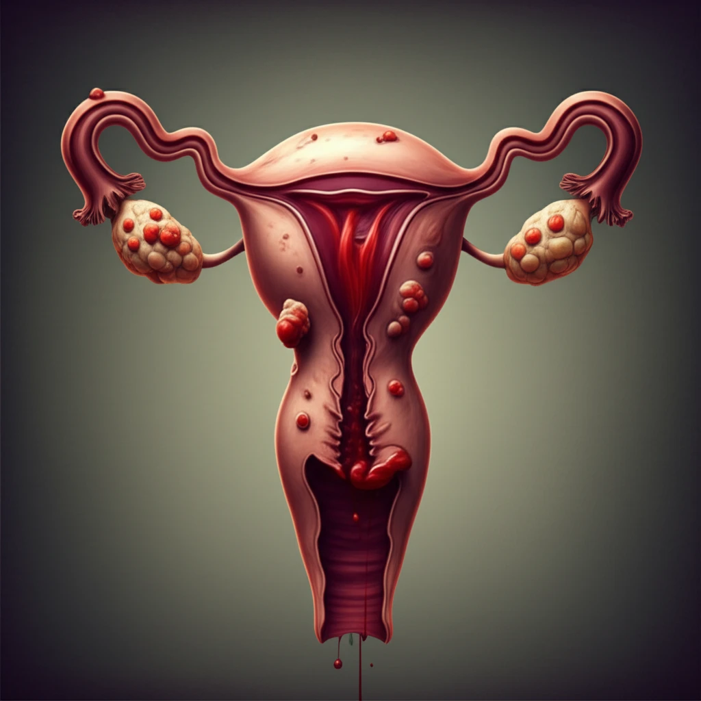 Illustration of a uterus with fibroids, with a cesarean scar, and abnormal uterine bleeding, symbolizing the research findings.
