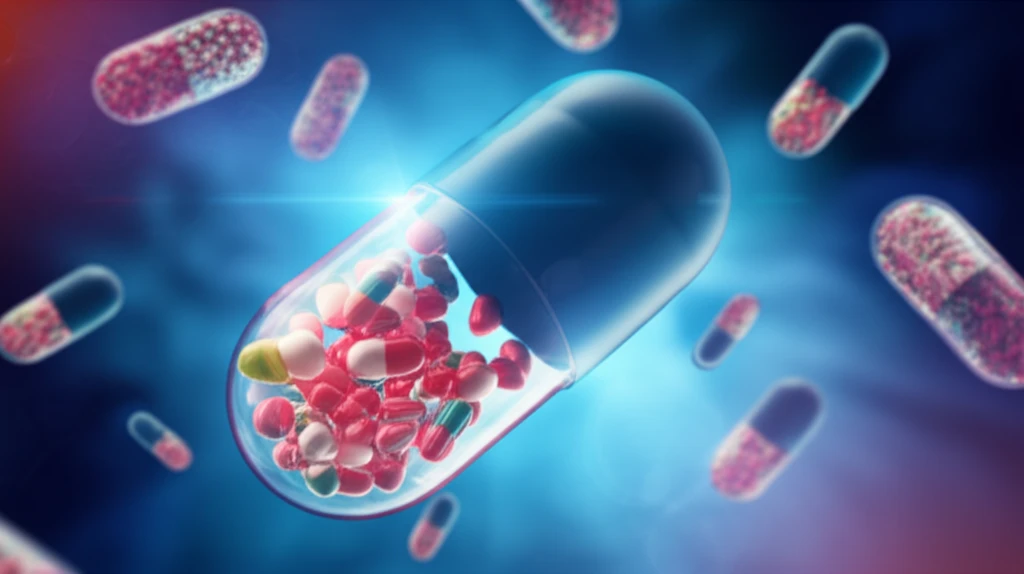 Illustration of a drug capsule releasing medicine within a human body, representing the controlled drug release system.