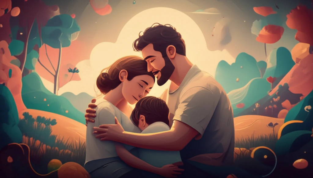 A surreal digital illustration depicting a family embracing, representing support and understanding in mental healthcare.