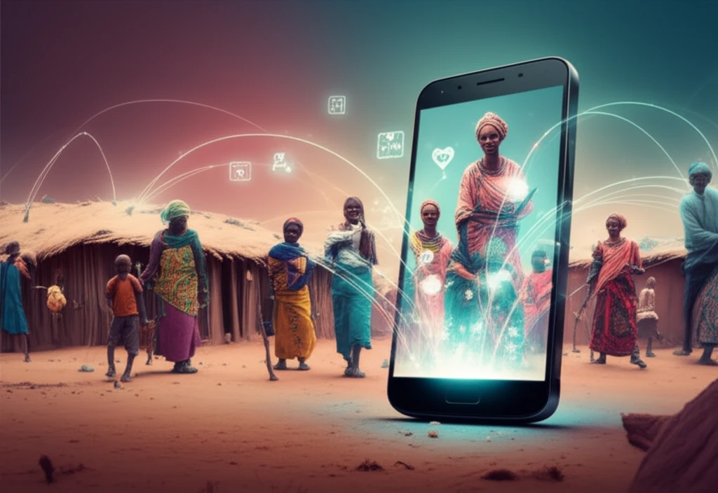 Illustration of m-health technology connecting people in a developing country, symbolizing healthcare access and innovation.
