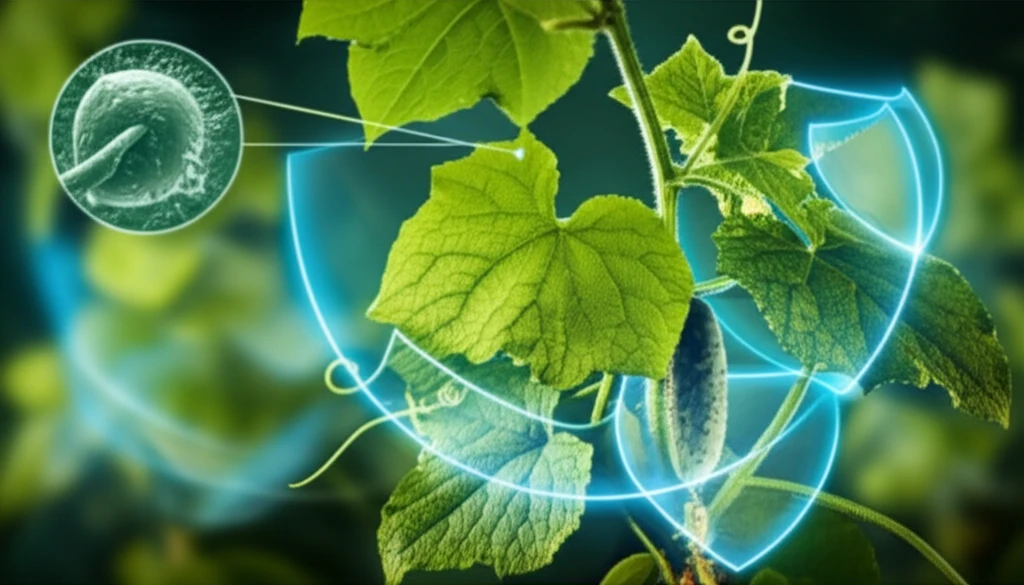 Illustration of a cucumber plant with protective shields, symbolizing its resistance to fungal infection.