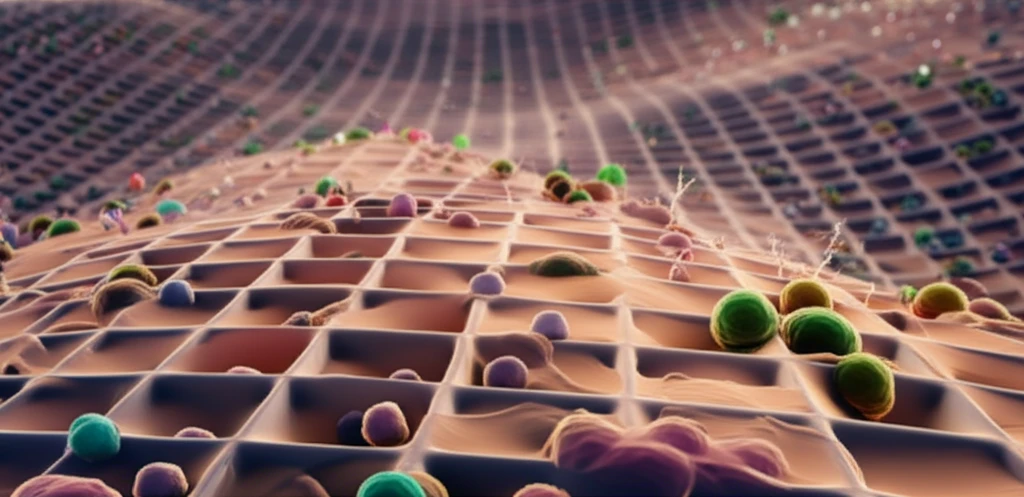 Illustration of a bone scaffold with cells, illustrating the process of bone regeneration.