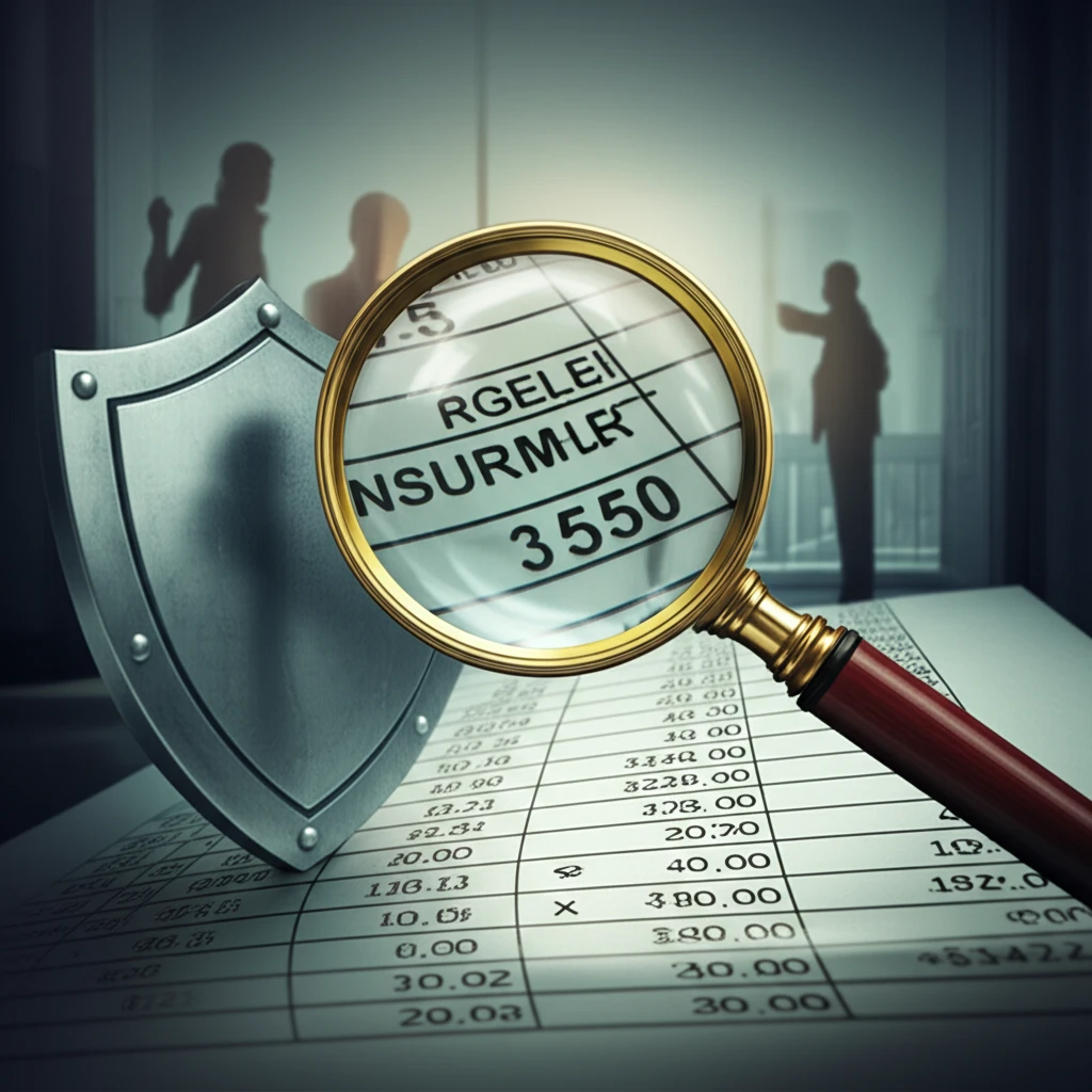 Illustration of a magnifying glass over a balance sheet, with a shield and auditors in the background, representing D&O insurance and its impact on financial audits.