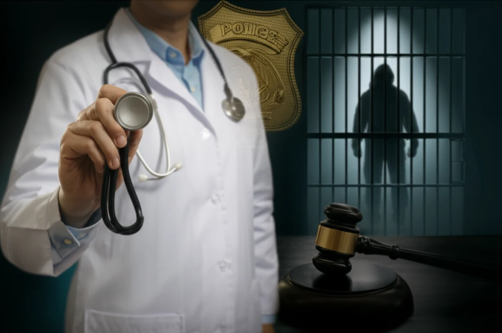 Illustration depicting a doctor in a lab coat with law enforcement and justice symbols, representing the article's theme.