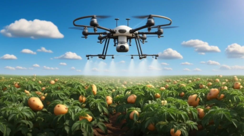 A drone spraying a potato field with precision, showcasing modern farming practices.