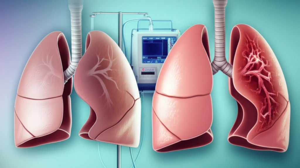 Illustration comparing a healthy lung to an asthmatic lung with ECMO machine.