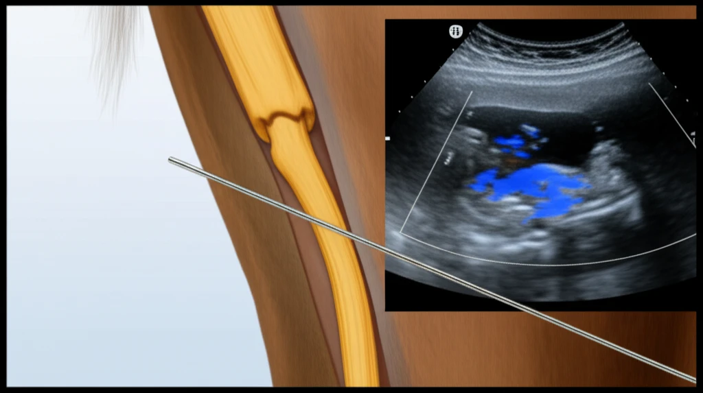 Illustration of a horse's hind leg with ultrasound highlighting the tibial nerve.
