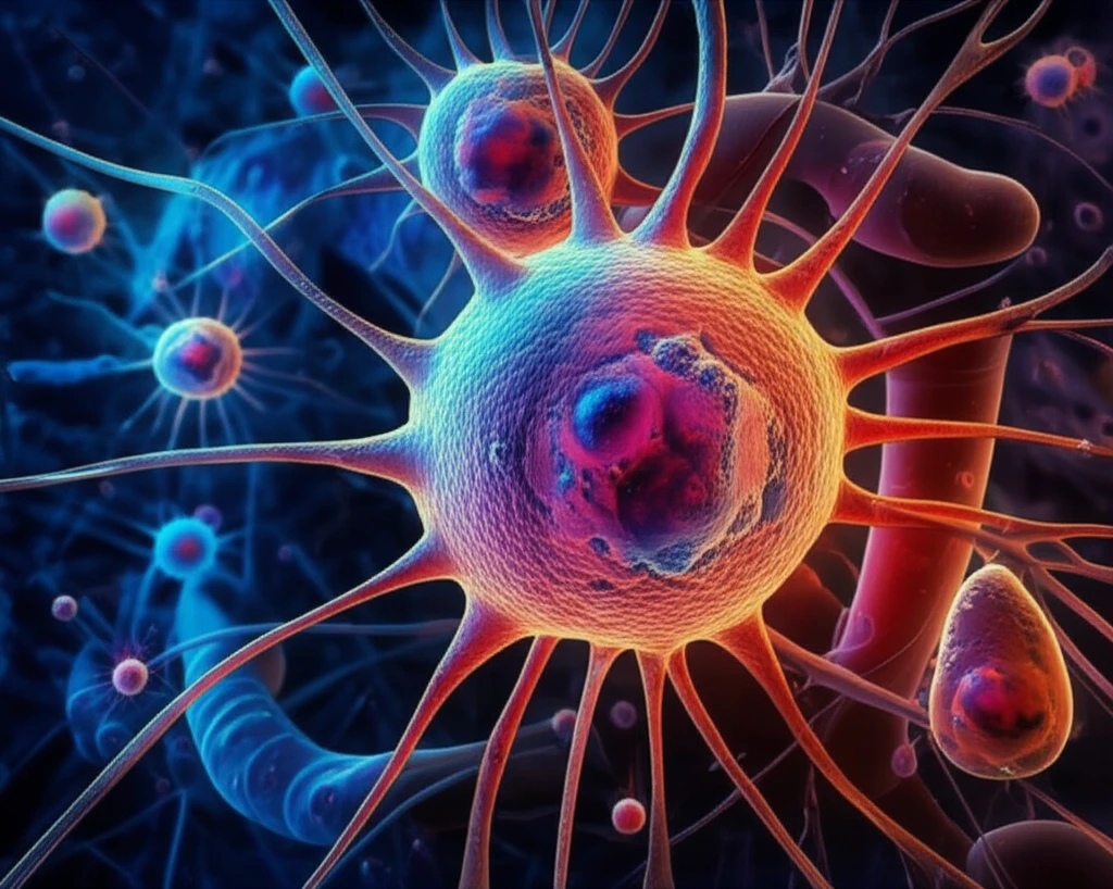 Illustration of myxofibrosarcoma cells undergoing metastasis, highlighting the complexity of the disease.