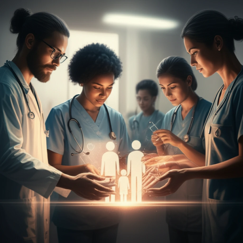 Illustration of a diverse healthcare team collaborating with a family, representing teamwork and patient-centered care in family healthcare.