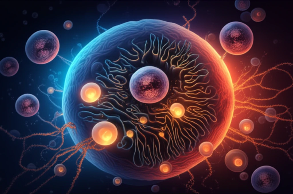 Illustration of a cell with glowing hydrogen peroxide molecules signaling within the Golgi apparatus.