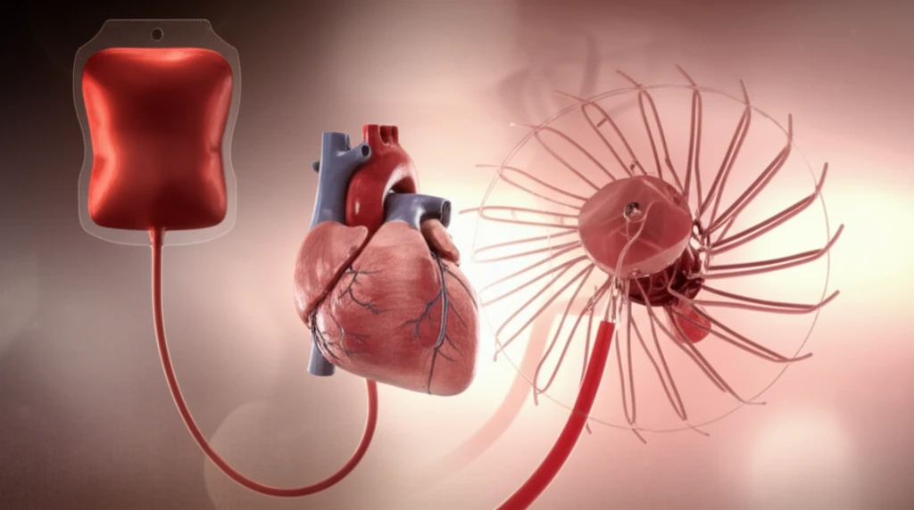 Illustration depicting the connection between blood transfusion, the heart, and TAVI valve.