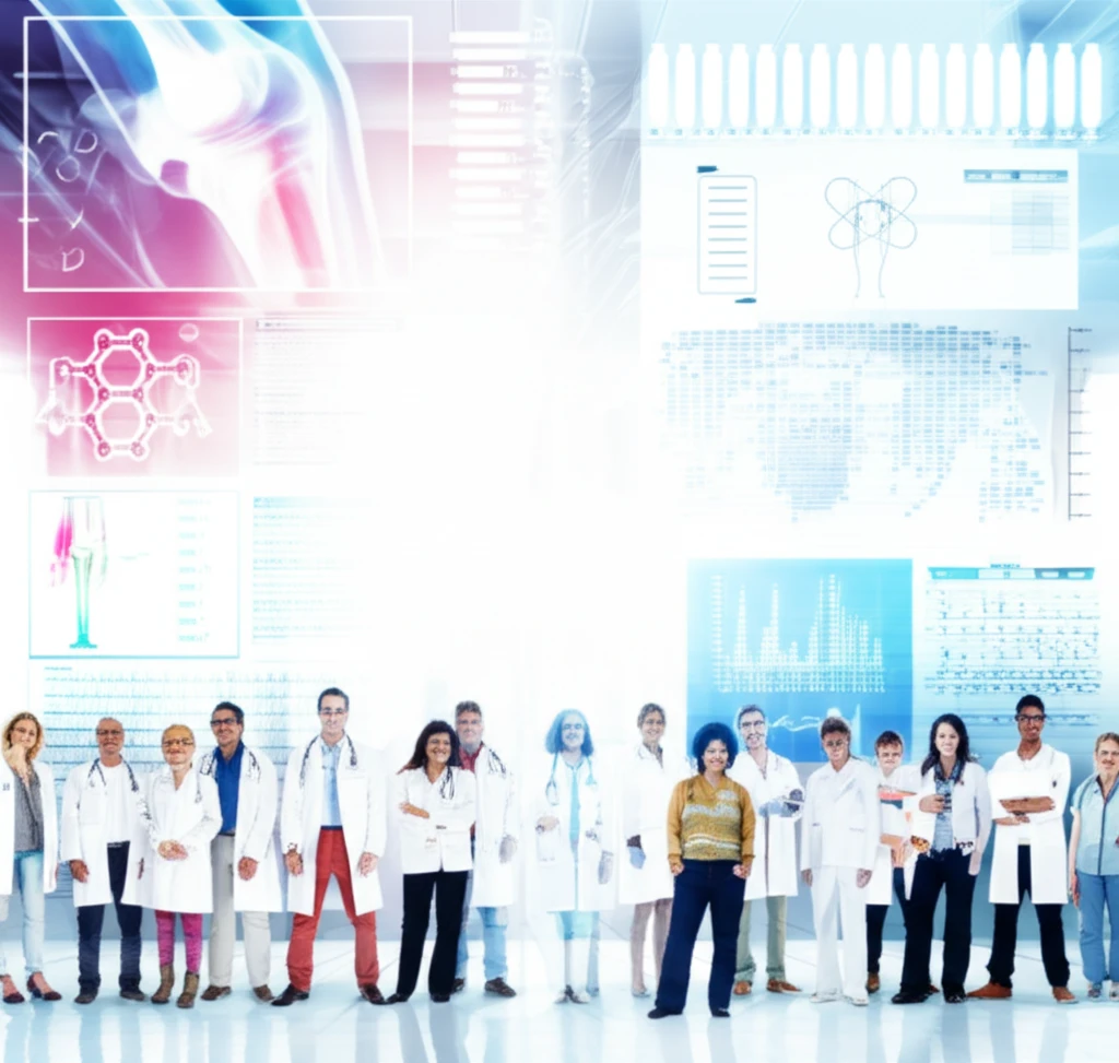 Illustration of researchers and patients collaborating in a rheumatology research lab, symbolizing hope and innovation.