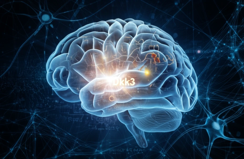 Illustration of a brain with glowing areas representing the Wnt signaling pathway and the Dkk3 protein.