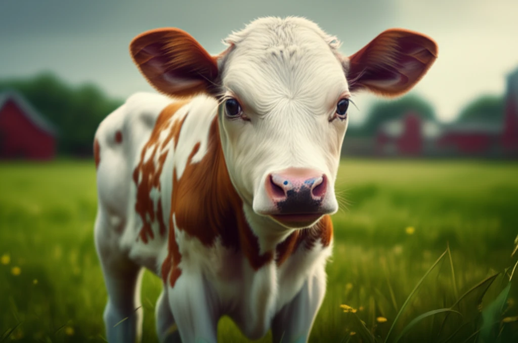 A healthy calf in a pasture, representing successful pre-weaning and effective calf starter rations.