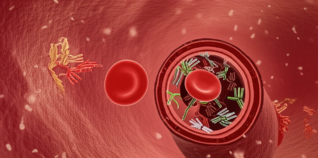 Illustration showing the difference between healthy and antibody-affected red blood cells in a blood vessel.