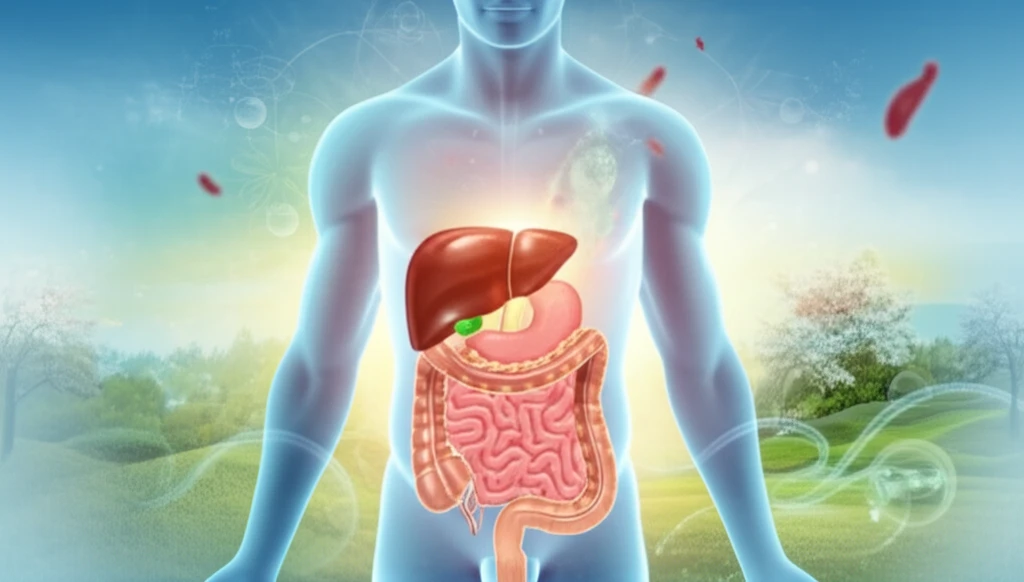 Illustration of a person's internal organs recovering and thriving after schistosomiasis surgery.
