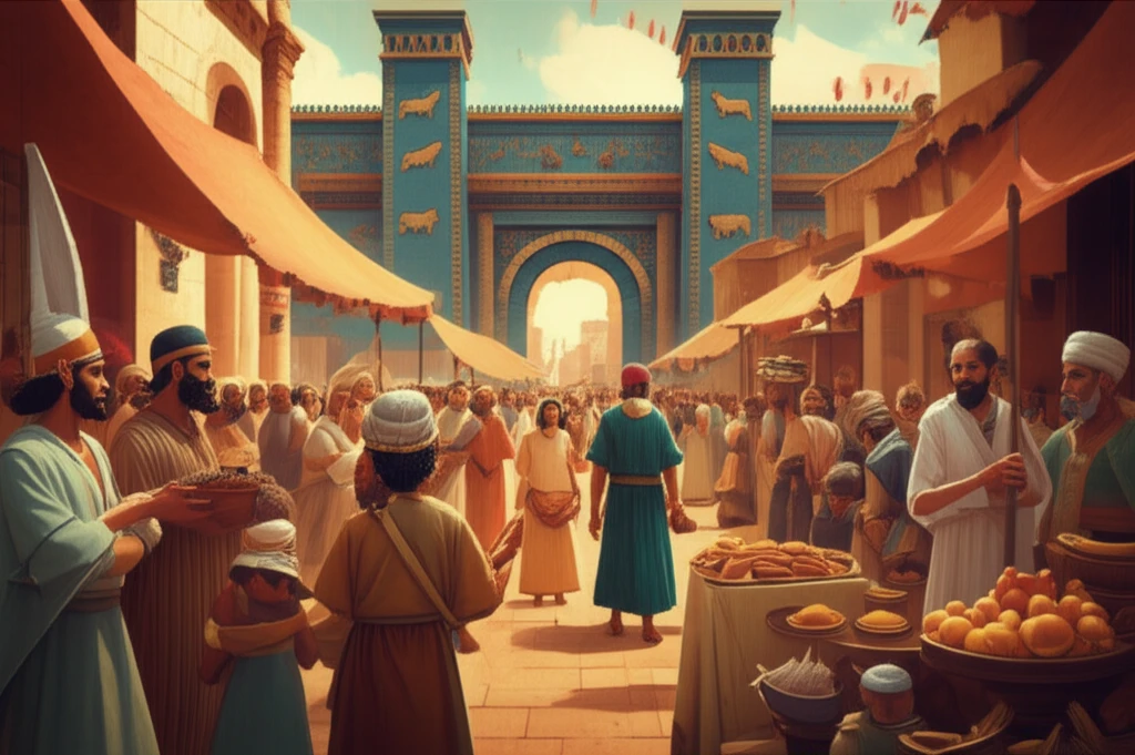 A diverse crowd of people in a Babylonian marketplace.