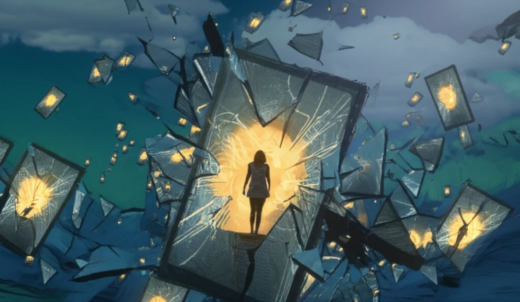 Person emerging from a shattered mirror, symbolizing overcoming body image challenges.