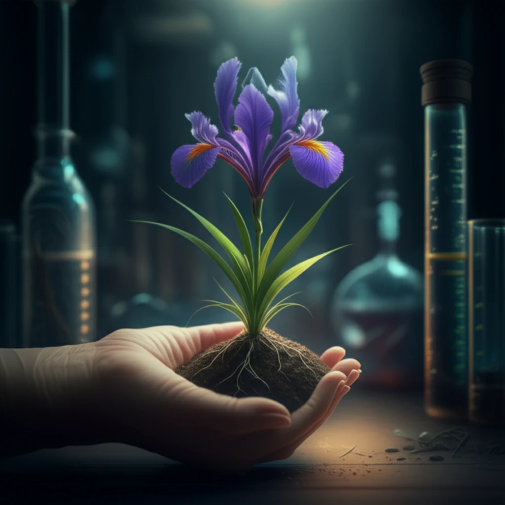 Hand holding Iris sanguinea seedling