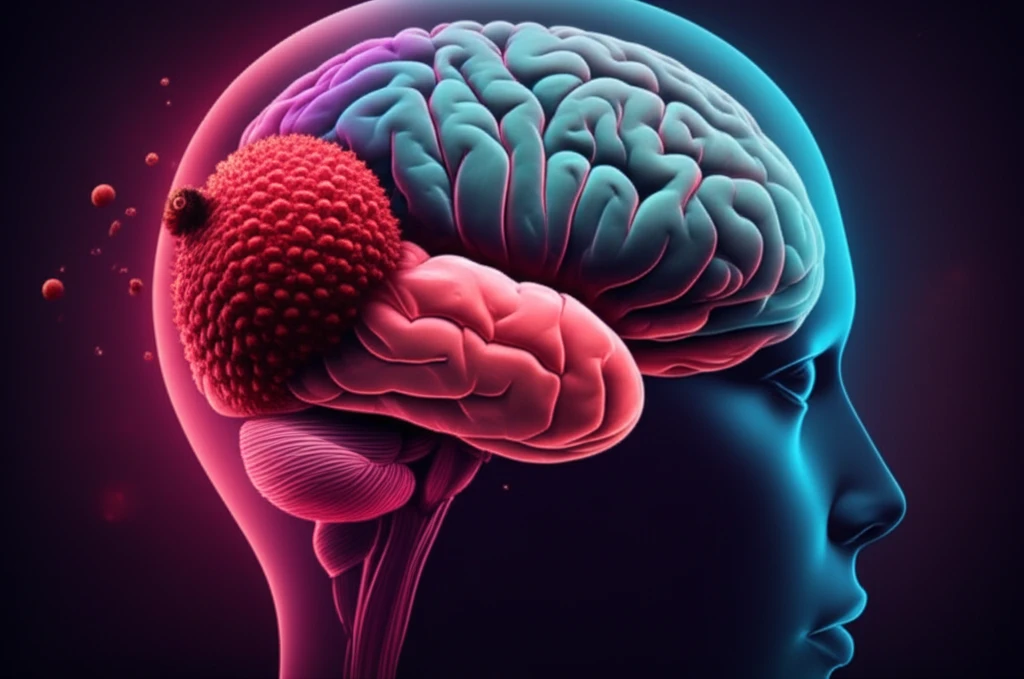 Surreal illustration of a litchi fruit transforming into a brain, symbolizing the connection between the fruit and encephalopathy.