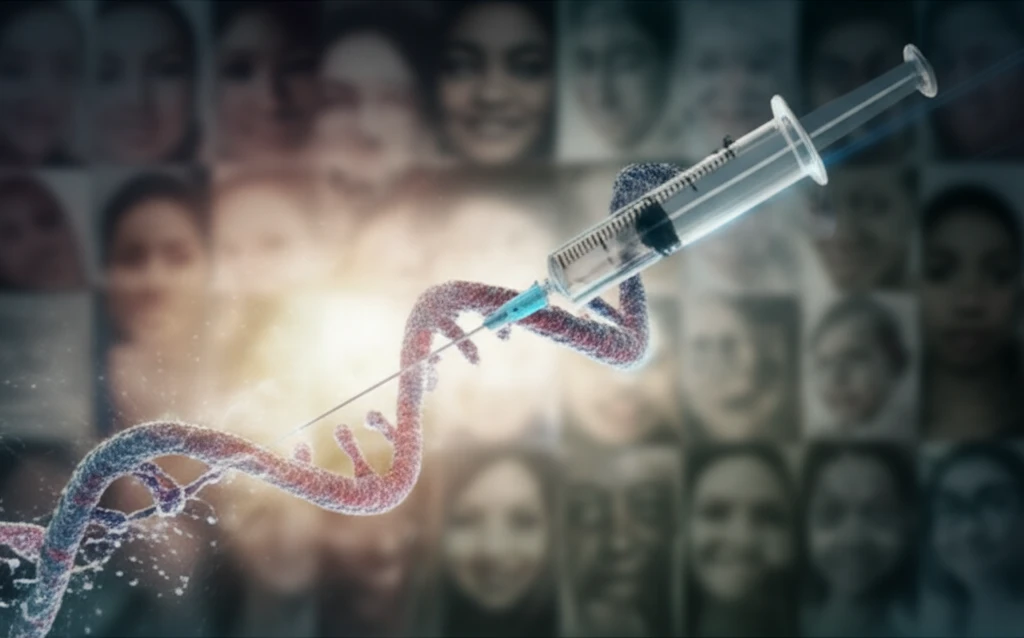 DNA helix intertwined with a vaccine syringe