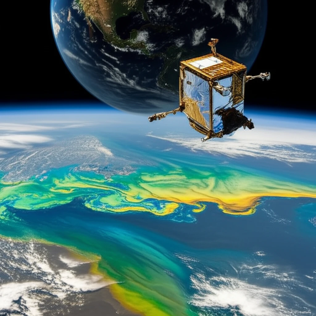 Satellite view of ocean color variations, indicating phytoplankton concentrations.