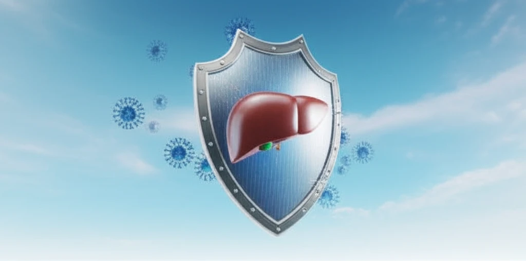 Illustration of liver protected from virus by shield.