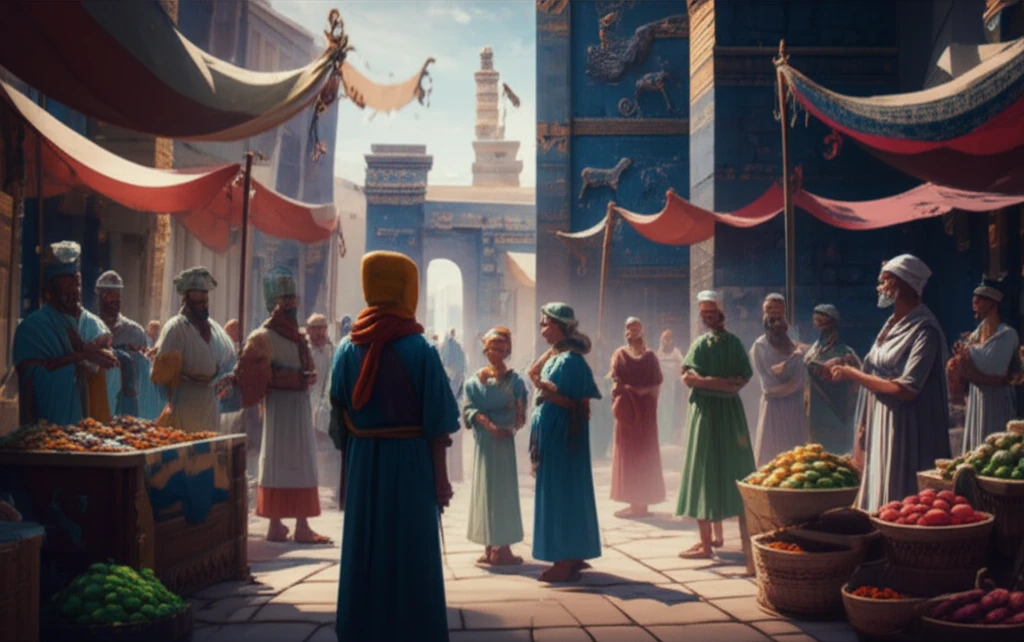 A diverse marketplace in ancient Babylon, featuring people from various cultures.