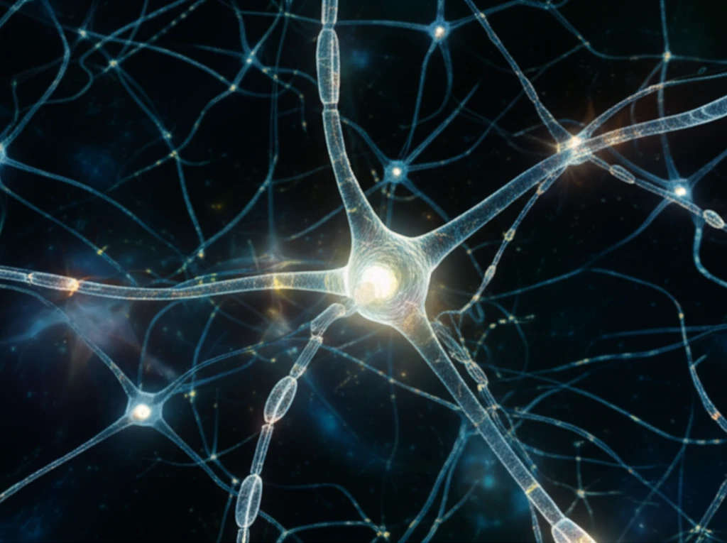 Neural network with glowing receptors symbolizing synaptic plasticity in Alzheimer's disease.