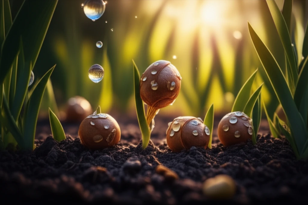 Iris seeds germinating in a stylized garden.