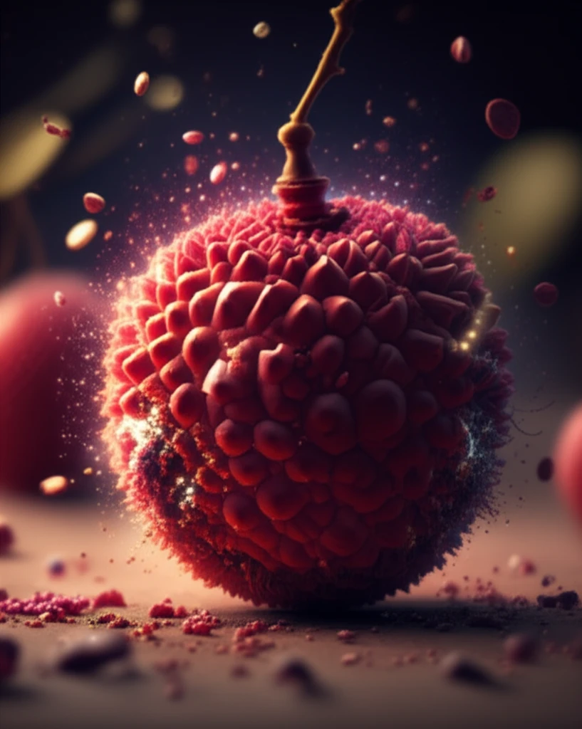 Surreal illustration of a litchi fruit with glowing particles.