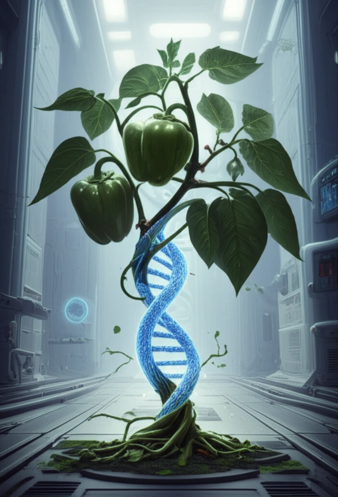 Futuristic pepper plant with DNA helix.