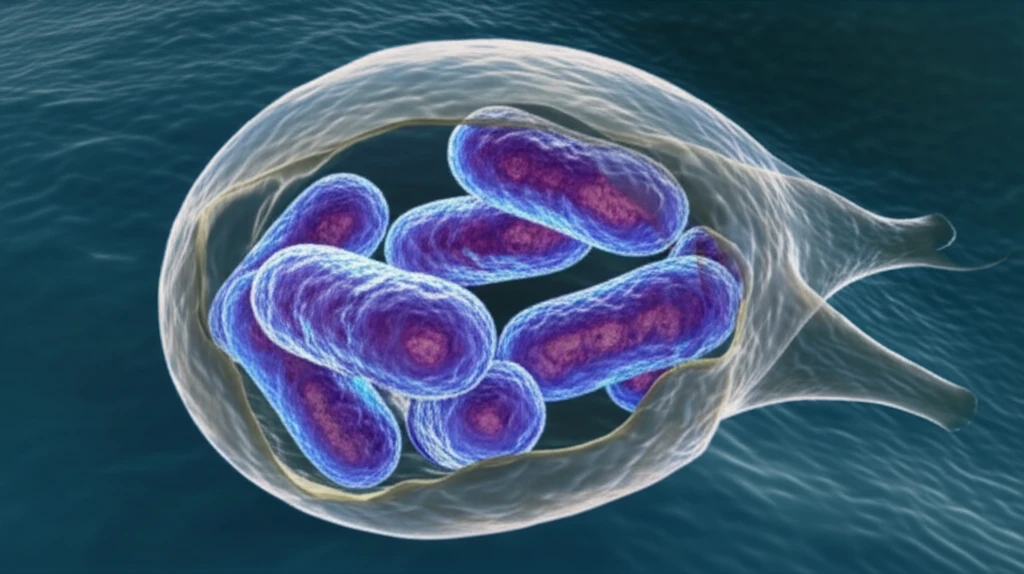 Streptococcus pneumoniae bacteria hiding inside an Acanthamoeba