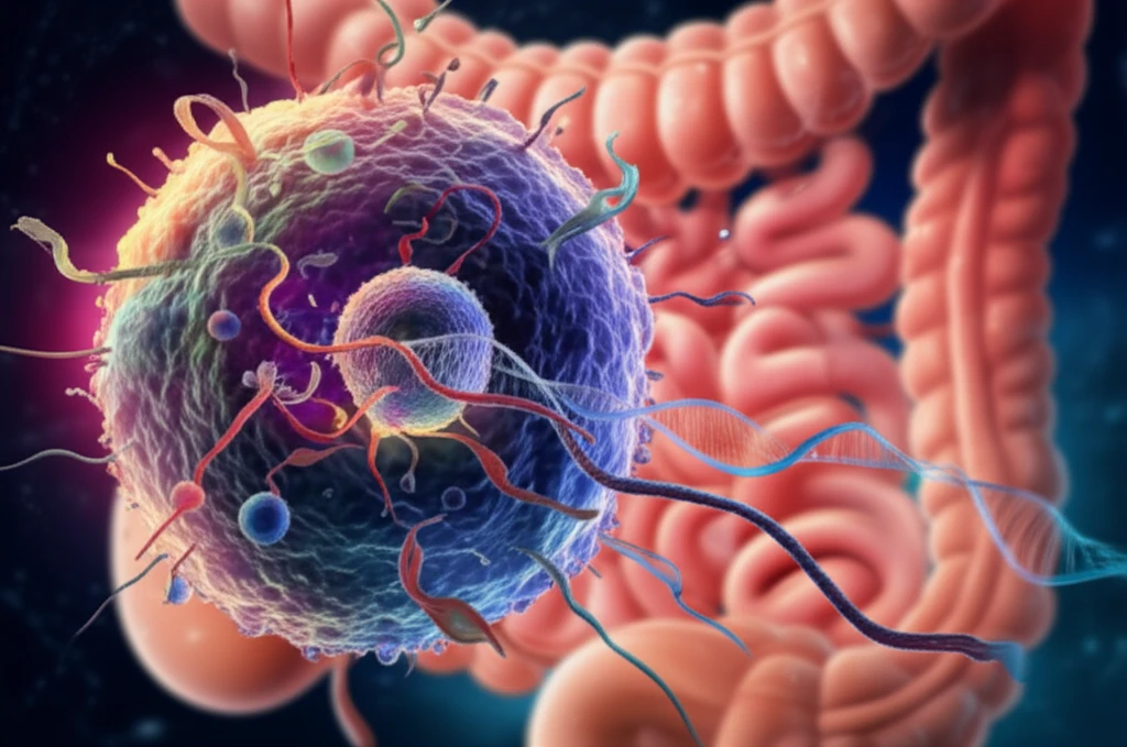 Illustration of a colon cancer cell with disrupted DNA strands, symbolizing frameshift mutations.