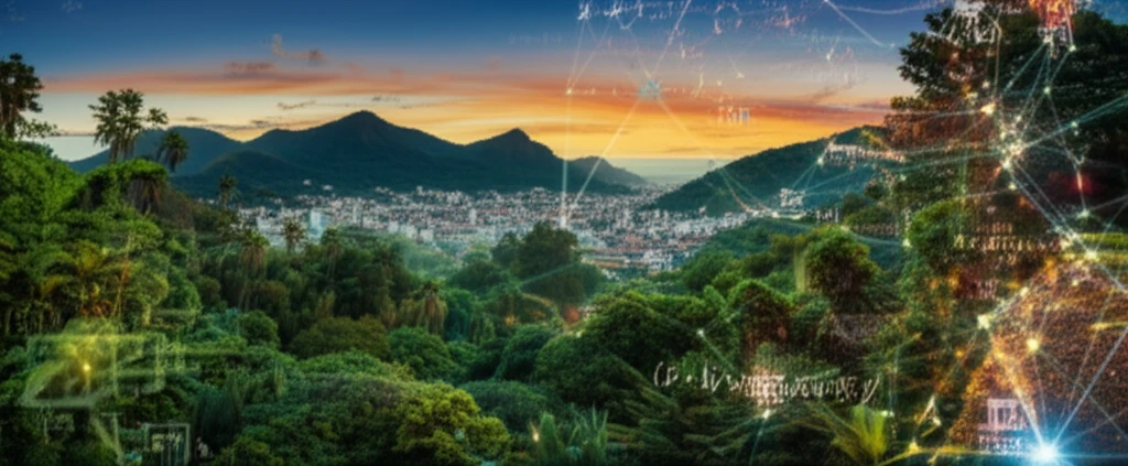 Brazilian landscape transforming into science symbols, representing science communication.