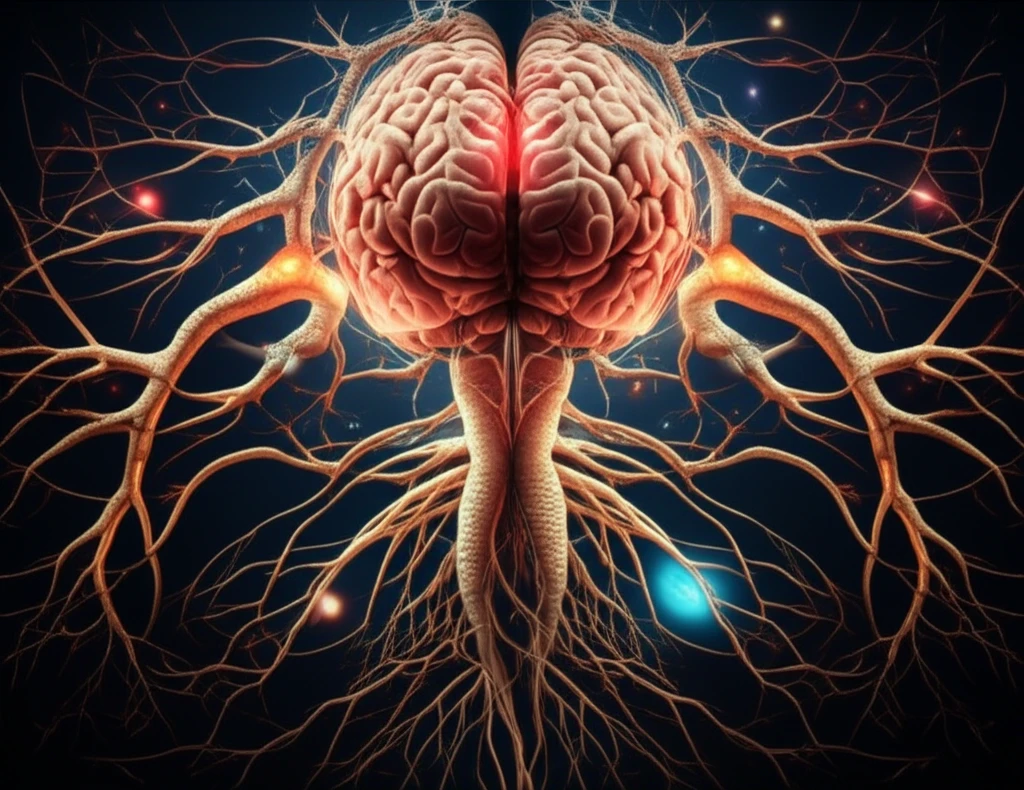 A surreal illustration of a brain intertwined with roots and glowing cytokines, representing the connection between TNFAIP3, inflammation, and mental health.