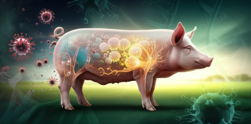 Illustration of a pig with a strong immune system fighting off a virus.