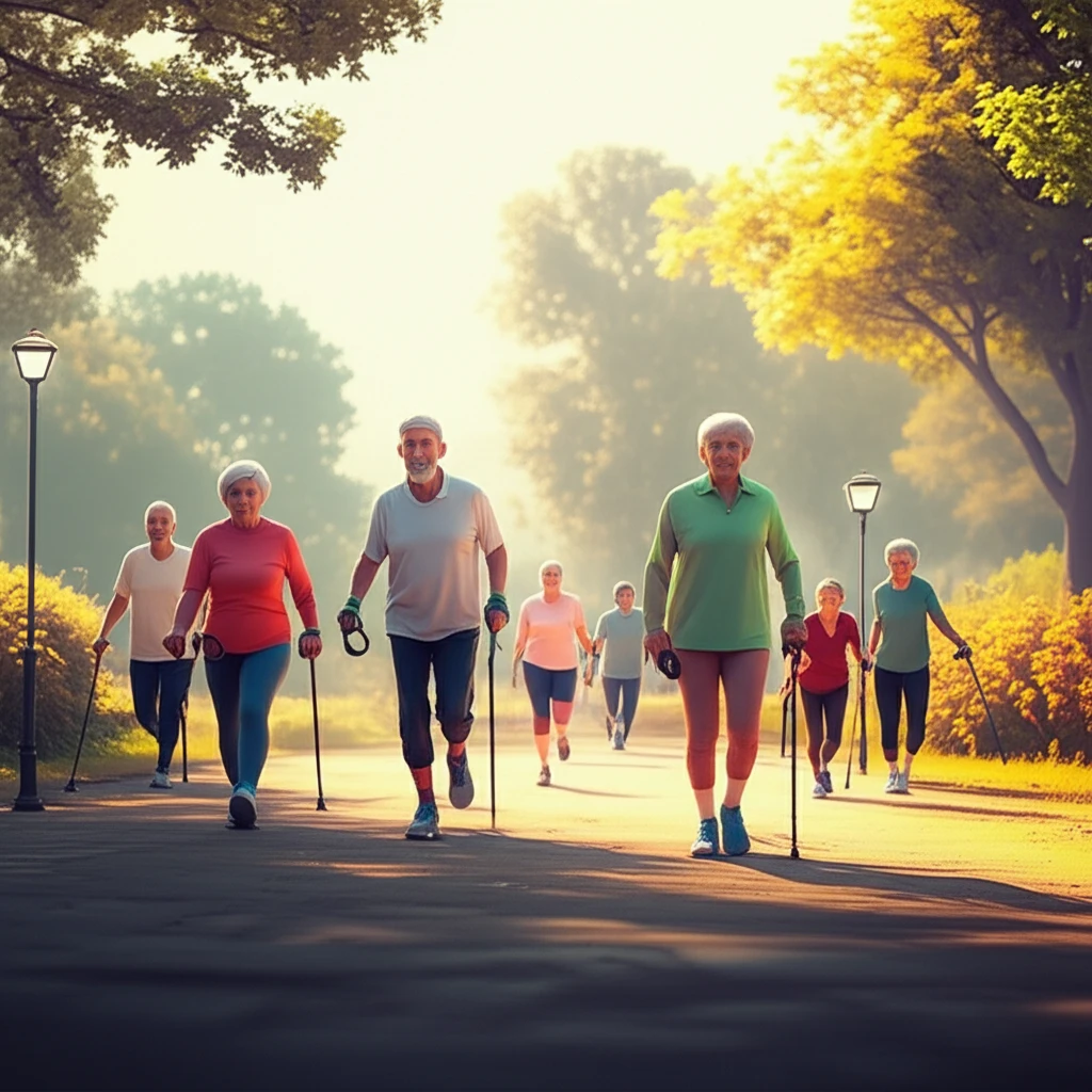 Diverse group of older adults enjoying physical activities in a sunny park.