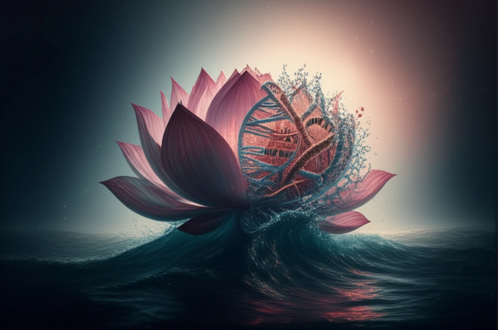 Lotus flower emerging from storm symbolizes hope in ovarian cancer treatment.