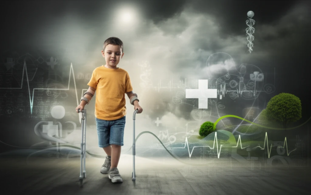 Child with cerebral palsy confidently walking with support.