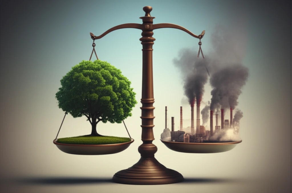 Balanced scale with a tree and cityscape, symbolizing environmental regulation and economic growth.