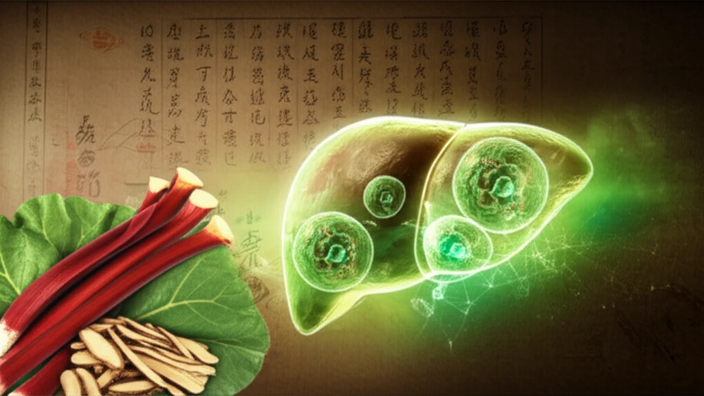 Surreal illustration of rhubarb targeting liver cancer cells.