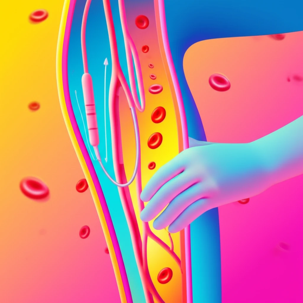 Illustration of calf-squeeze technique aiding blood clot removal in DVT treatment.