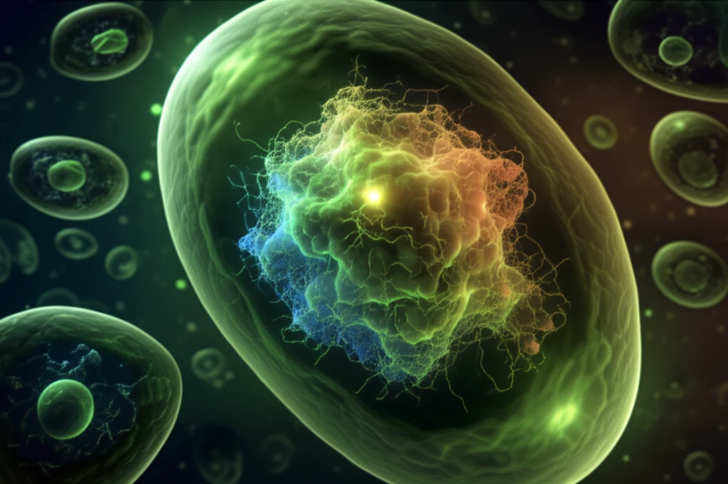 Surreal illustration of Euglena longa with altered RuBisCO enzyme.