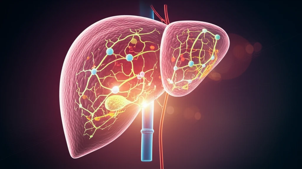 Surreal image of a liver with glowing metabolic pathways, highlighting the Them2 enzyme.