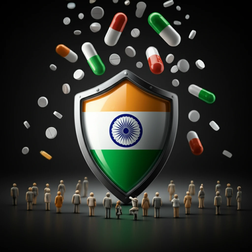 A symbolic representation of drug safety in India through pharmacovigilance, featuring a shield, diverse population, and falling pills.